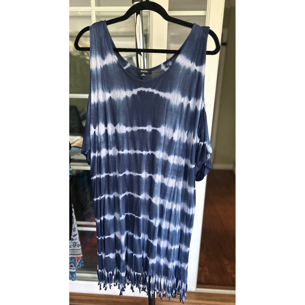 Raviya Fringe cover up Hem 2X Cold Shoulder Tie Dye Tunic Top Flutter Sleeves